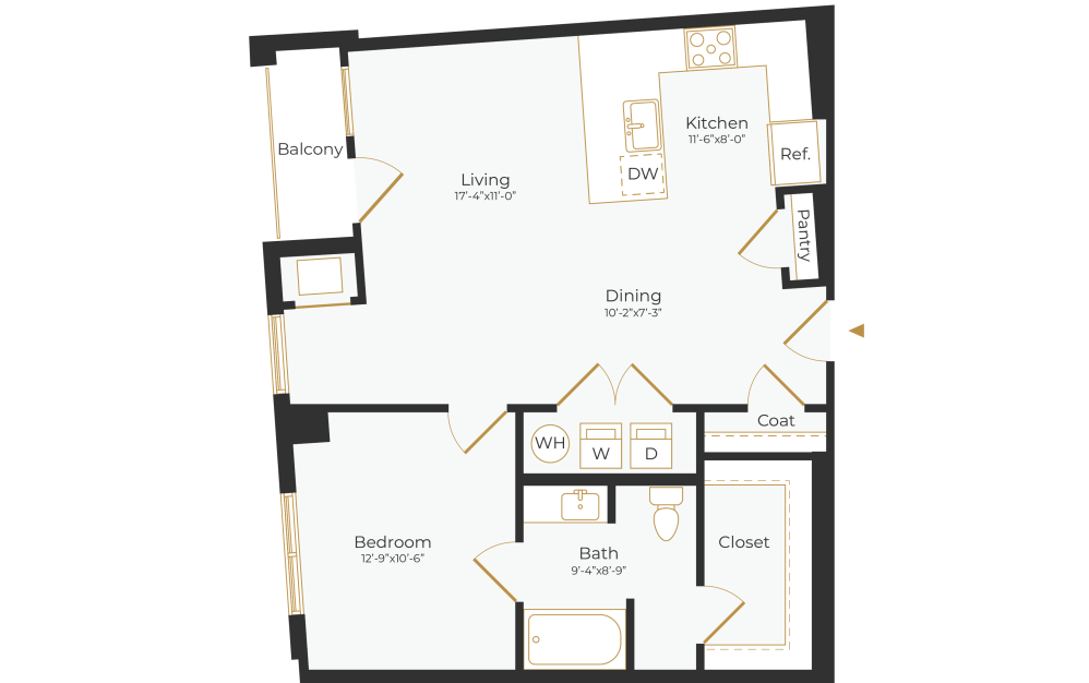 A1 - 1 bedroom floor plan layout with 1 bathroom and 831 square feet (2D)
