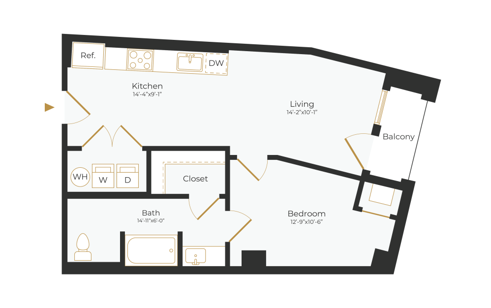 A2 - 1 bedroom floor plan layout with 1 bathroom and 644 square feet (2D)