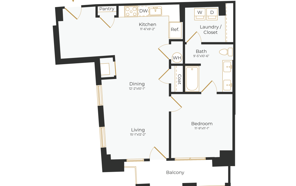 A3 - 1 bedroom floor plan layout with 1 bathroom and 906 square feet (2D)