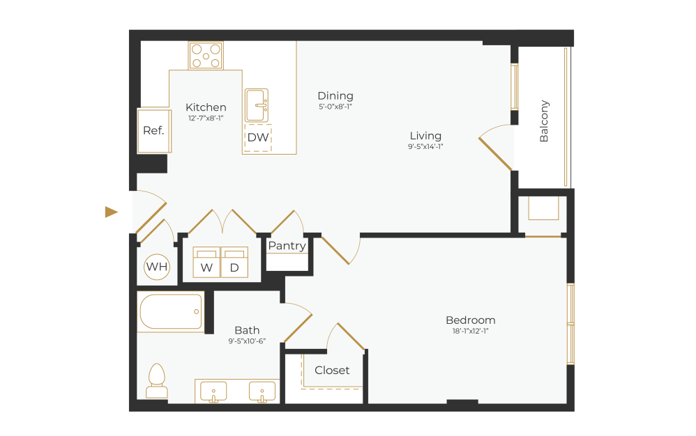 A4 - 1 bedroom floor plan layout with 1 bathroom and 823 square feet (2D)
