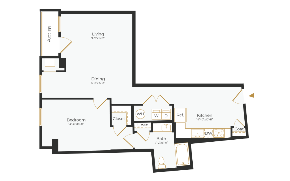 A5 - 1 bedroom floor plan layout with 1 bathroom and 918 square feet (2D)