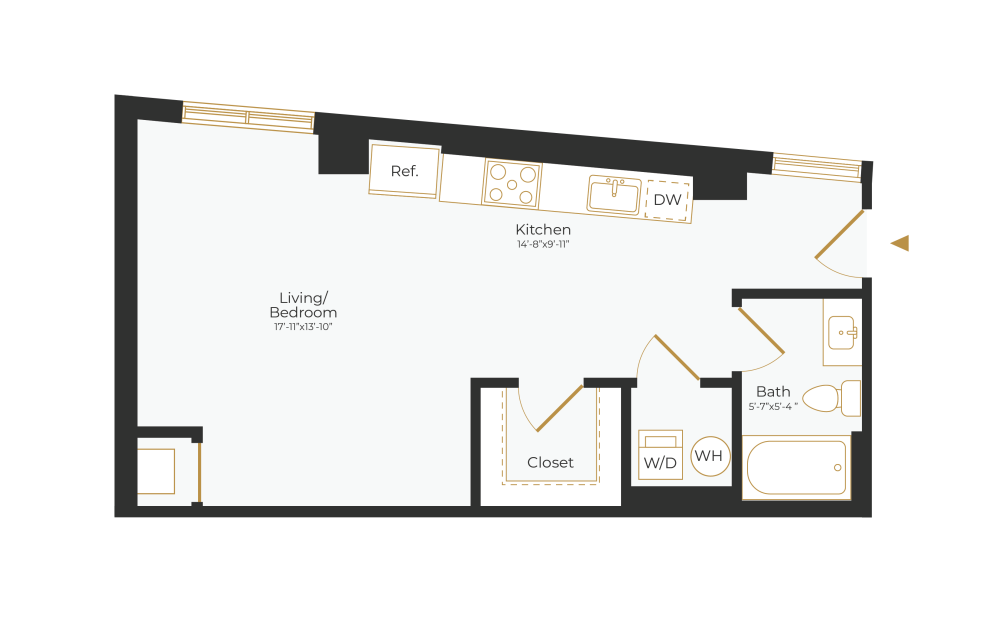 S2 - Studio floor plan layout with 1 bathroom and 605 square feet (2D)
