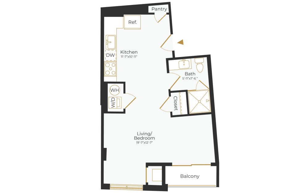 S1 - Studio floor plan layout with 1 bathroom and 490 square feet (2D)