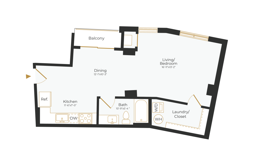 S3 - Studio floor plan layout with 1 bathroom and 575 square feet (2D)