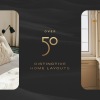 graphic showing a bedroom, a bath area and the property logo